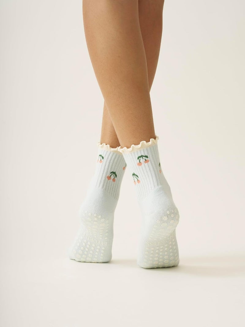 Shapes Studio Crew Half Calf Grip Socks, Cutest Fruits Pilates Socks, Ruffle socks, Non-Slip, Barre Yoga Fitness - Image 2